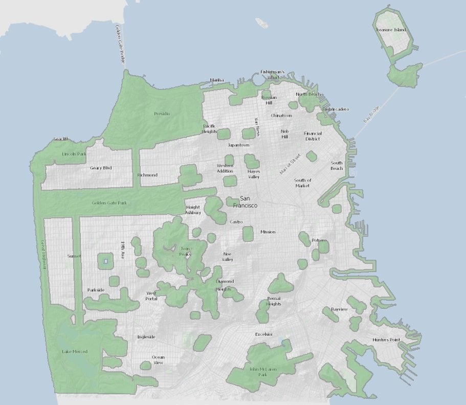 The SF monitoring program is open to all residents, but the city especially wants participants from the green areas on this map.