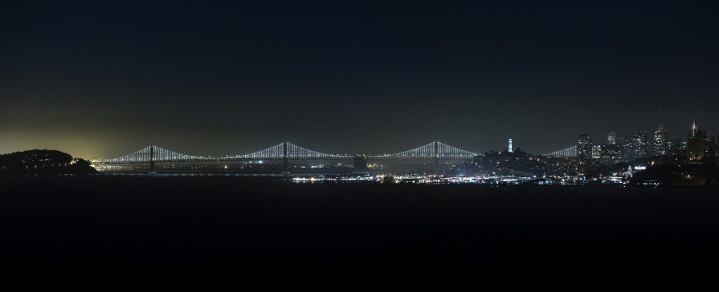 Bay Lights stretching from SF to Yerba Buena Island, by James Ewing